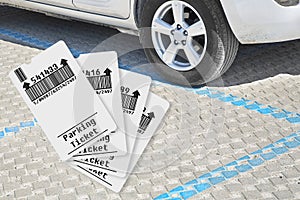 Parking payment concept with parked car and parking tickets