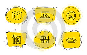 Parking payment, Parking place and 48 hours icons set. Online delivery, Package and Car signs. Vector