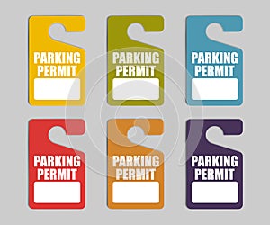 Parking permit hang tag  color vector set. Hanging car pass with copy space photo