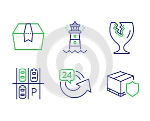 Parking place, Fragile package and Package box icons set. 24 hours, Lighthouse and Delivery insurance signs. Vector