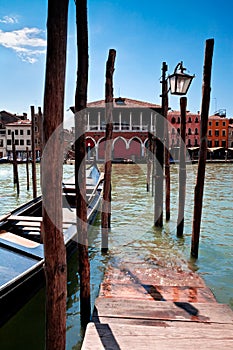 Parking place for Gondolas in Venice. Grand canal, Italy.