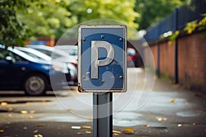 Parking sign and row of parked cars