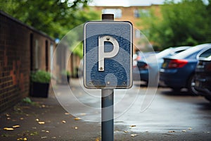 Parking sign and row of parked cars