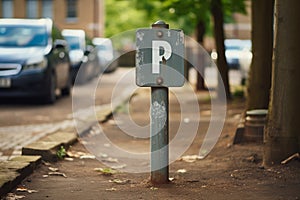 Parking sign and row of parked cars