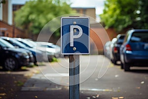 Parking sign and row of parked cars