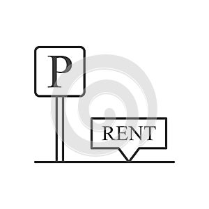 Parking space rental icon. Simple linear image of a parking place with a sign for rent. Isolated vector on white