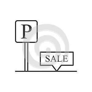 Parking space sale icon. A simple line drawing of a parking space with a sale mark. Isolated vector on white background.