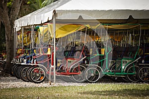 Parking for surrey bicycles in oldest the zoo Miami. Family bicycles for four people are waiting for a trip