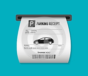 Parking ticket for car. Paper receipt in pay machine on exit. Pos terminal before barrier, for payment of bill or tax. Icon of