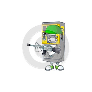 Parking ticket machine mascot design in an Army uniform with machine gun