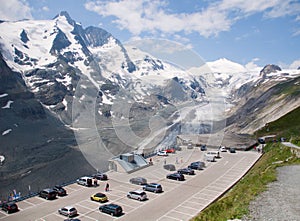 Parking on top Glacier Pasterze. Austrian Alps