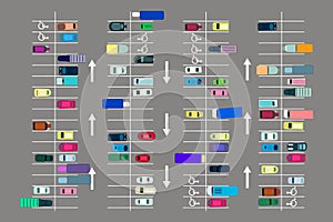 Parking top view. Many cars on parking zone.