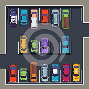 Parking top view. Many cars on parking zone, different vehicles in parked lot from above. Auto vector infographic