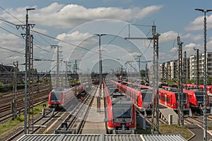Parking trains of the urban-suburban rail on the tracks of the Central station Frankfurt am Main, Germany
