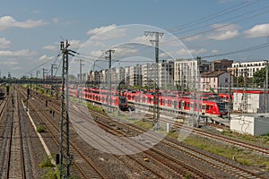 Parking trains of the urban-suburban rail on the tracks of the Central station Frankfurt am Main, Germany