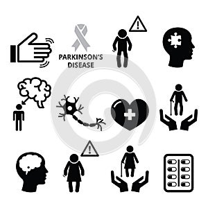 Parkinson's disease, senior's health icons set