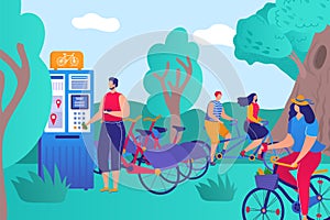 Parkland bicycle rental, healthy lifestyle people character together sport activity flat vector illustration, rental