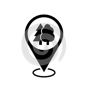 parkland location map pointer, tree icon with location pin, black symbol isolated on white background, vector marker