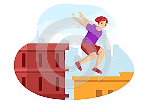 Parkour Sports with Young Men Jumping Over Walls and Barriers in City Streets and Building in Flat Cartoon Hand Drawn Illustration