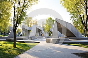 a parkscape featuring irregular geometric concrete structures
