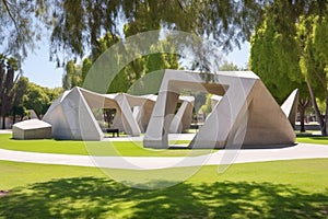 a parkscape featuring irregular geometric concrete structures photo