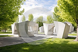 a parkscape featuring irregular geometric concrete structures