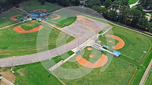 Parkside residential neighborhood near large sport complex with multiple baseball, softball fields surrounding by lush green trees