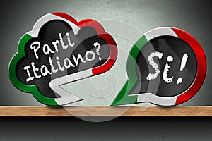 Parli Italiano and Si - Two Speech Bubbles on a Wooden Shelf