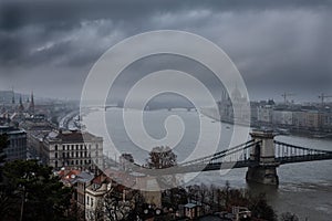 The Parliament in Budapest in a foggy winter day