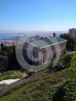 The parliament building in the Bahai Gardens in Haifa.