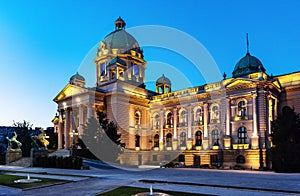 Parliament building in Belgrade, Serbia. Evening view. House of the National Assembly. Belgrade is the capital of Serbia