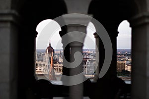 Parliament building at Budapest, framed with pillars