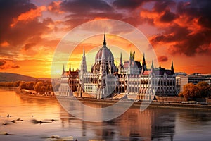 Parliament building in Budapest, Hungary at sunset. Beautiful view, Hungarian parliament, Budapest, at sunset, AI Generated