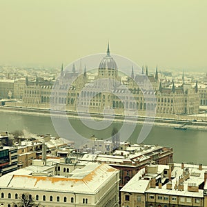 Parliament building and Danube river at winter, Budapest