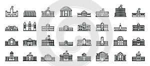 Parliament building icons set, outline style