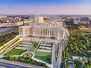 Parliament building or People`s House in Bucharest city. Aerial view