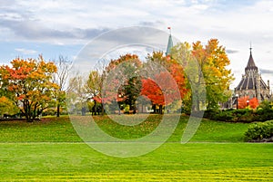 Parliament Buildings in autumn colors in Ottawa, Canada