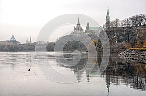 The Parliament Buildings in Ottawa in a heavy fog