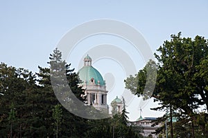 Dome of the National Assembly of the Republic of Serbia in Belgrade from a nearby park. Also known as Narodna Skupstina photo