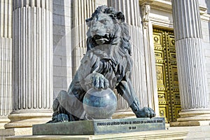 Parliament facade columns and lion in Madrid, Spain. Congreso diputados