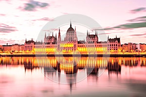 Parliament and riverside in Budapest Hungary during sunrise. Famous landmark in Budapest.