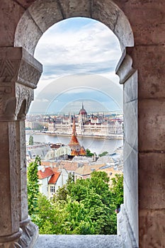 Parliament and riverside in Budapest Hungary. View from Fishermens bastions windows