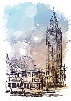 Parliament square, Westminster, London, UK. Linear sketch on a watercolor textured background. photo