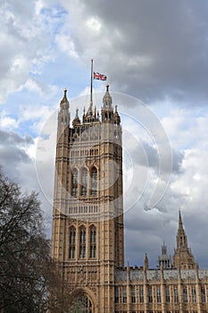 Parliament of the UK with flag at half mast, national mourning