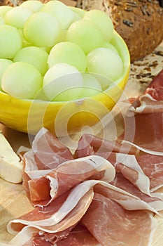 Parma Ham, Melon, Bread and Cheese