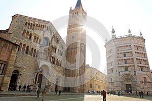 PARMA, ITALY - FEBRUARY 22, 2020: Piazza Duomo with the Cathedral and Baptistery in Parma City, Italian Capital of Culture 2020
