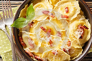 Parmesan Girasoli dumplings with Soft Garlic Sauce, basil and bacon on plate. Horizontal top view photo