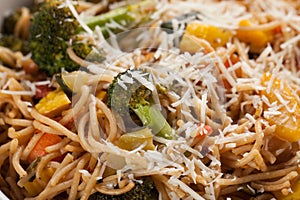 Parmesan Pasta with Roasted Vegetables macro shot