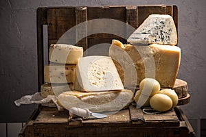 Parmesan, taleggio, caciotta and asolo cheese on dark wooden table