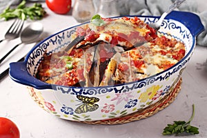 Parmigiana is an appetizer made from baked eggplant, cheese, garlic and tomato sauce. Traditional Italian dish in